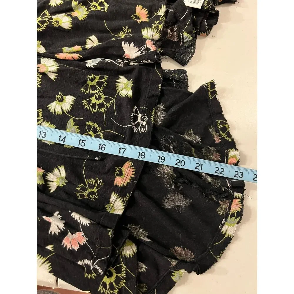 Free People Sleeveless Black Floral Print Tassel Oversized Tank Top Size XS